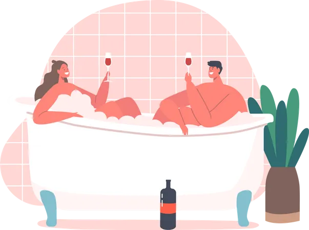 Couple having bath together  Illustration