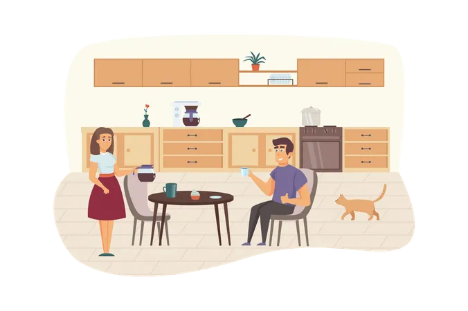 Couple having breakfast in kitchen Illustration