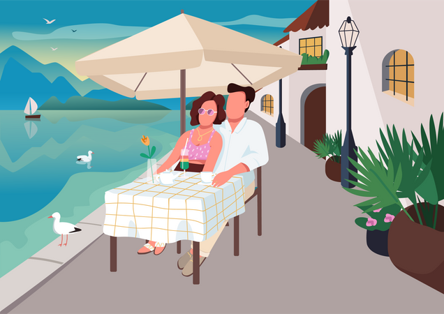 Couple having breakfast in seaside resort cafe  일러스트레이션