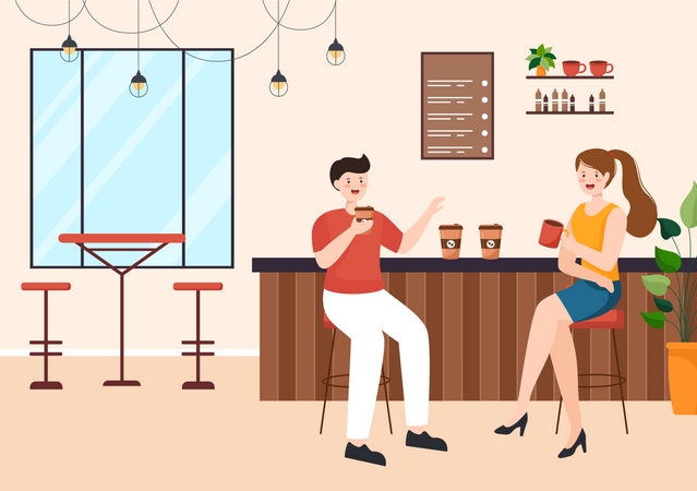 Couple having coffee at premium cafe Illustration