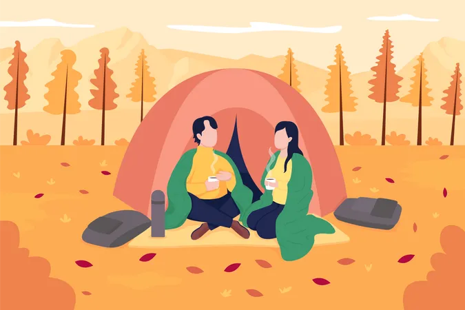 Couple having coffee during autumn camping Illustration