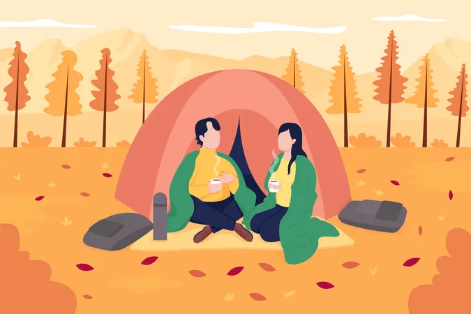 Couple having coffee during autumn camping  Illustration