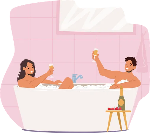 Couple having date in bathtub Illustration