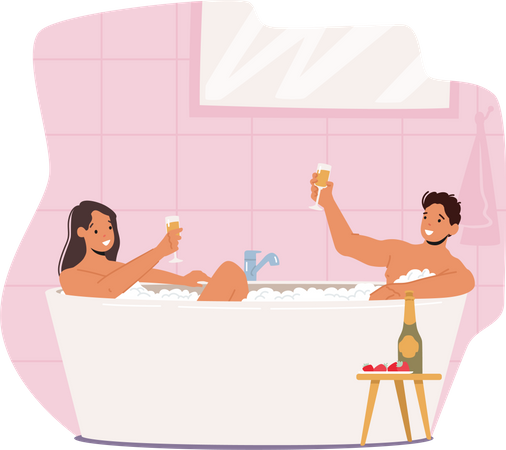 Couple having date in bathtub  Illustration