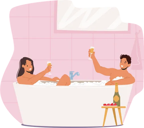 Couple having date in bathtub  Illustration