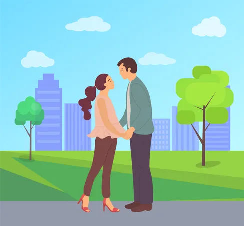 Couple Having Date in Spring Park of Big City  Illustration