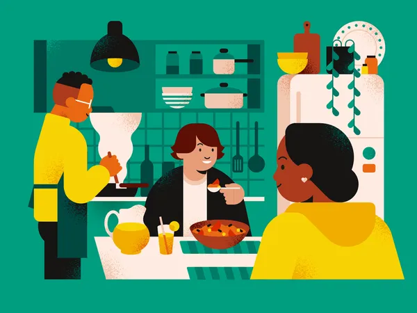 Couple having dinner at communal kitchen Illustration