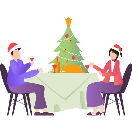 A Couple Is Having Dinner On Christmas Illustration