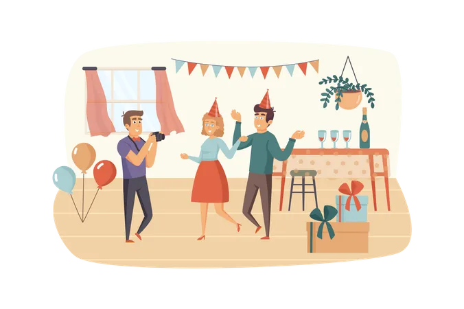 Couple Having Fun At Home Party Scene Photographer Makes Holiday Photo Shoot Festive Decorated Room Celebration Of Anniversary Concept Vector Illustration Of People Characters In Flat Design Illustration