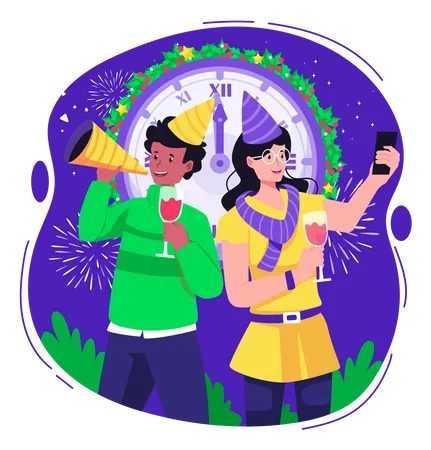 Couple Having Fun Celebrating New Year With Clock Showing 12 O'clock Illustration