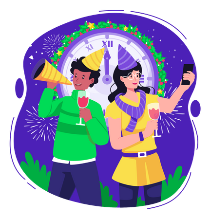 Couple Having Fun Celebrating New Year With Clock Showing 12 O'clock  Illustration