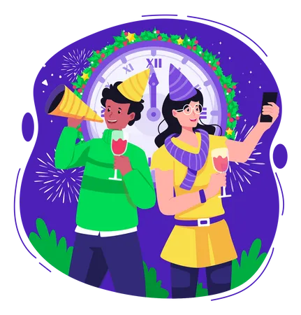 Couple Having Fun Celebrating New Year With Clock Showing 12 O'clock  Illustration