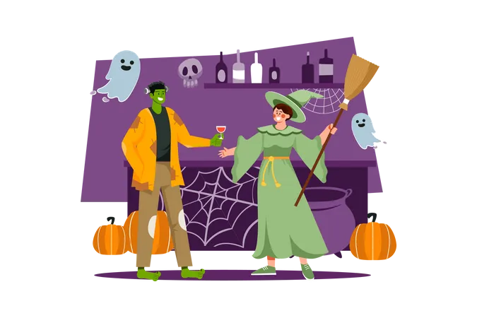 Couple Having Halloween Drink  Illustration
