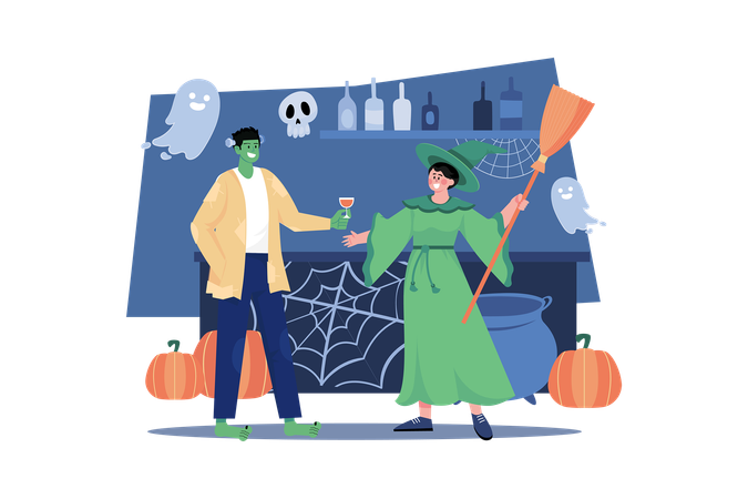 Couple Having Halloween Drink  Illustration
