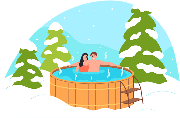 Couple having hot bath in snowy mountains Illustration
