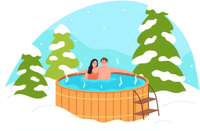 Couple having hot bath in snowy mountains Illustration