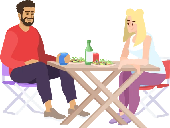 Man And Woman At Lunch Flat Vector Illustration Coupe Of People Food And Drinks Folding Chairs Table Cute Guy And Girl At Street Food Cafe Meeting Isolated Cartoon Characters On White Background Illustration