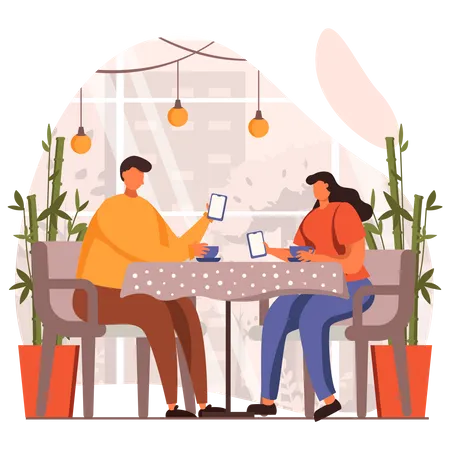Couple having lunch with smartphone Illustration