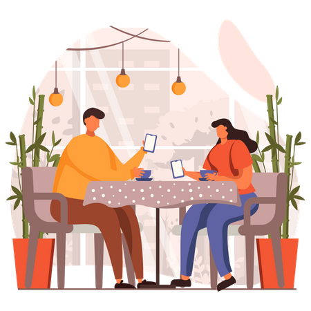 Couple having lunch with smartphone  Illustration