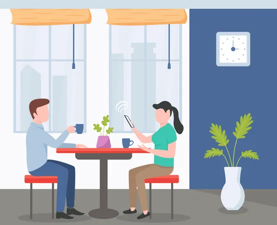 An Illustration Of Having Tea A Couple Taking Tea At A Restaurant Illustration