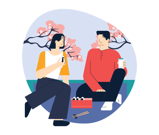 Heureux couple appréciant Hanami  Illustration