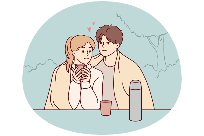 Couple heureux assis dans un parc en train de boire du thé  Illustration