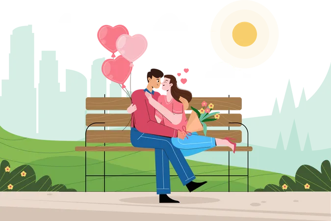 Un couple heureux assis sur un banc profite de sa Saint-Valentin dans le parc  Illustration