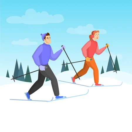 Heureux couple sur le ski en hiver  Illustration