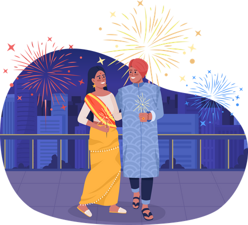 Couple heureux avec des lumières étincelantes à Diwali  Illustration