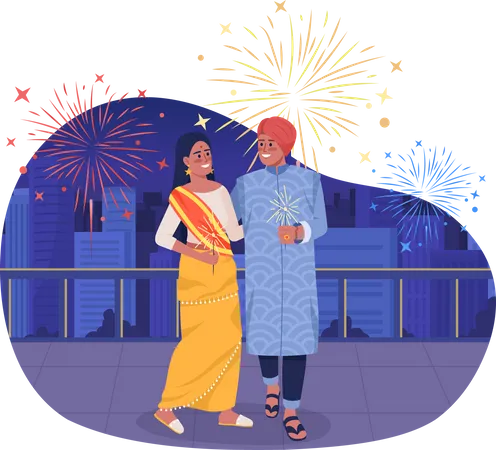 Couple heureux avec des lumières étincelantes à Diwali  Illustration