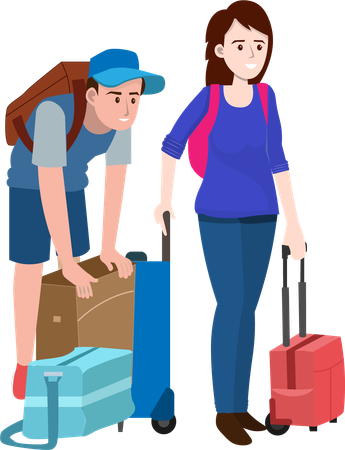 Couple heureux avec valises et bagages à l'aéroport  Illustration