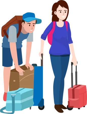 Couple heureux avec valises et bagages à l'aéroport  Illustration