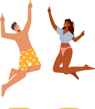 Un couple heureux célèbre la fête sur la plage  Illustration