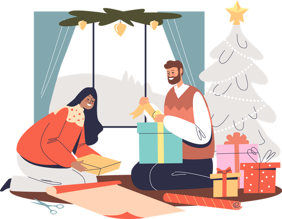 Heureux couple emballant des cadeaux pour Noël assis ensemble dans un pin de Noël décoré  Illustration