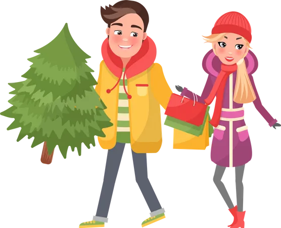 Heureux couple faisant des achats de Noël  Illustration