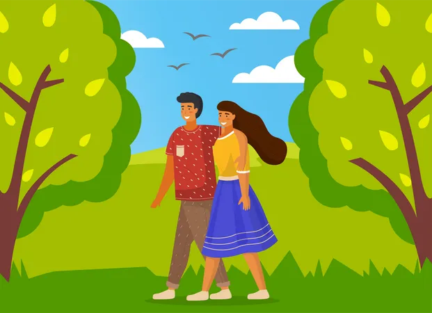 Heureux couple marchant dans le parc  Illustration