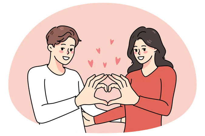 Un couple heureux montre un geste de la main en forme de cœur  Illustration
