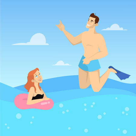 Heureux couple nageant dans la mer. Vacances d'été  Illustration