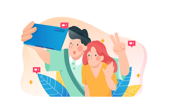 Un couple heureux prend un selfie pendant leurs vacances  Illustration