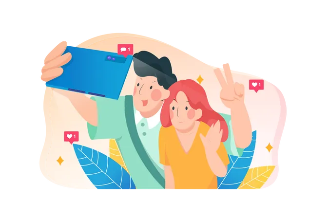 Un couple heureux prend un selfie pendant leurs vacances  Illustration