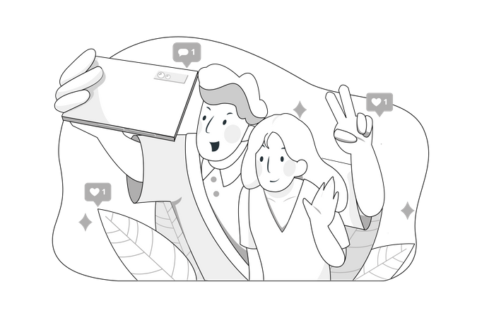 Un couple heureux prend un selfie pendant leurs vacances  Illustration