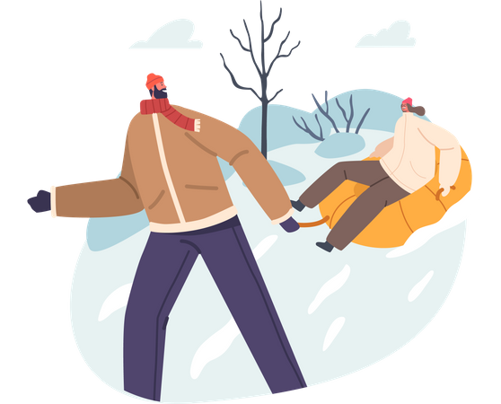 Heureux couple profitant de traîneaux à Winter Park avec Snow Hills  Illustration