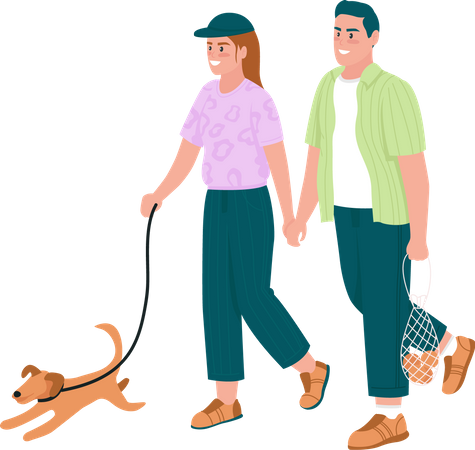 Heureux couple promenant un chien  Illustration