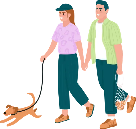 Heureux couple promenant un chien  Illustration