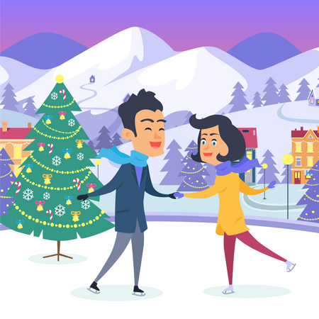 Heureux couple avec main dans la main sur la patinoire urbaine  Illustration