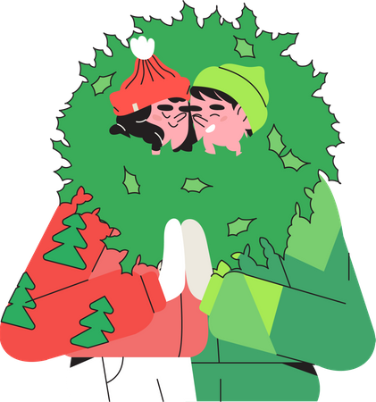 Un couple heureux tient une couronne de noël  Illustration