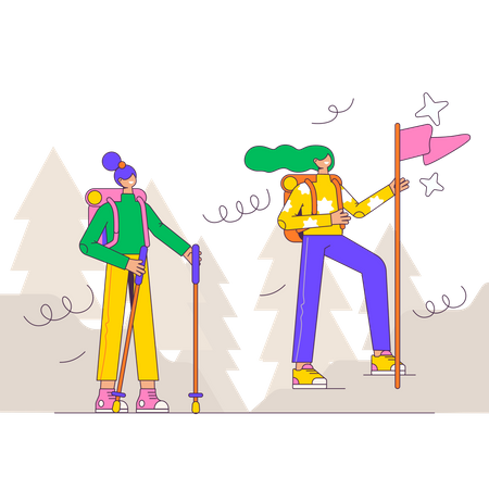 山でハイキングするカップル  イラスト