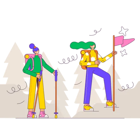 Couple Hiking In The Mountain Illustration