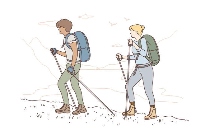 Couple hiking in mountains together  Illustration