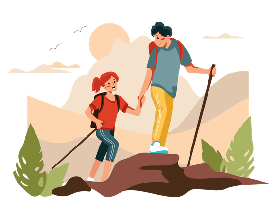 Couple hiking on mountain Illustration